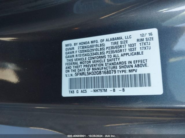 5FNRL5H32GB168079 Honda ODYSSEY SE