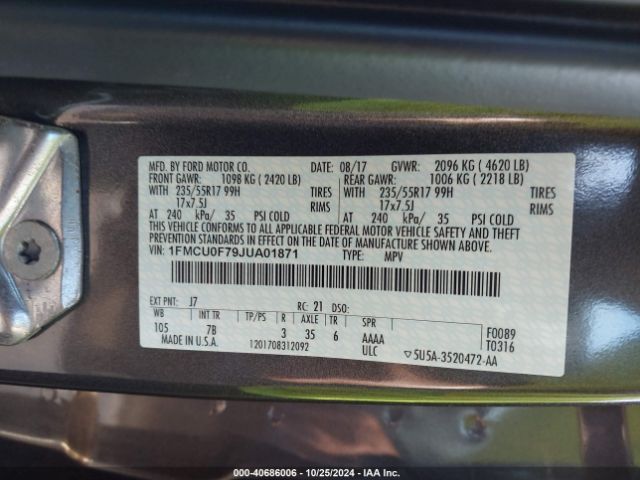 1FMCU0F79JUA01871 Ford ESCAPE S