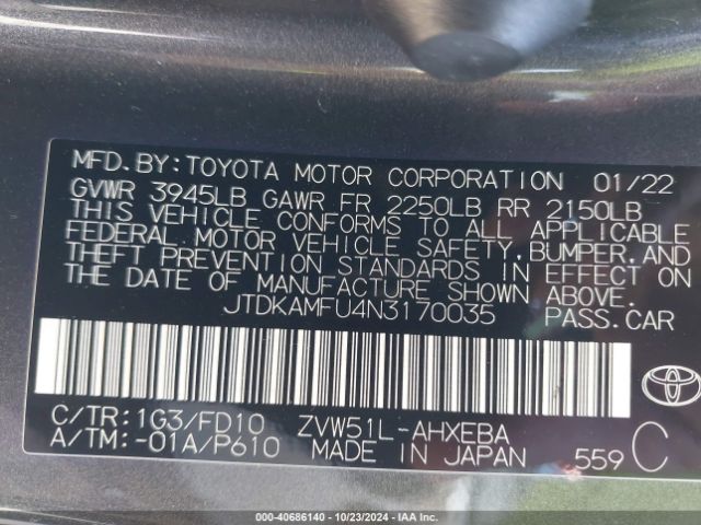 JTDKAMFU4N3170035 Toyota Prius Le
