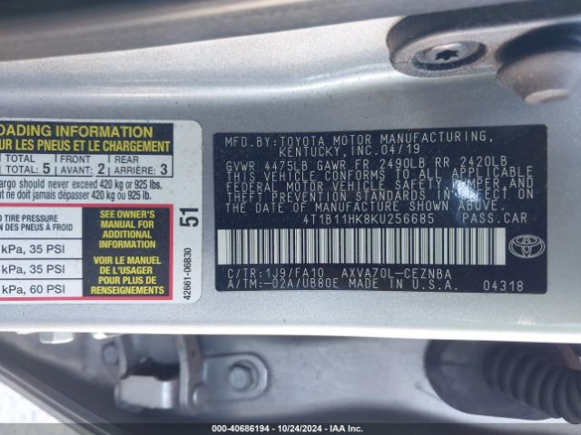 4T1B11HK8KU256685 Toyota CAMRY LE
