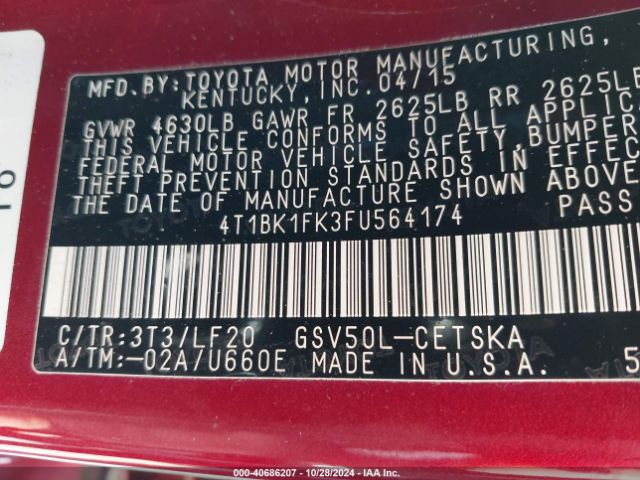 4T1BK1FK3FU564174 Toyota Camry Xse V6