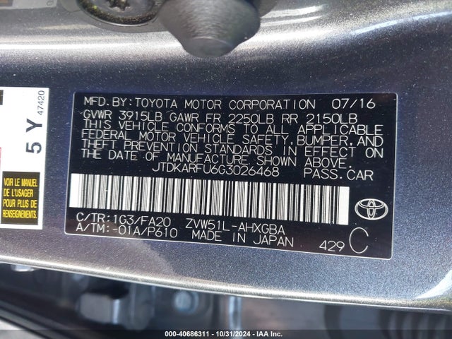 Toyota Prius Three 2016 JTDKARFU6G3026468 Image 9