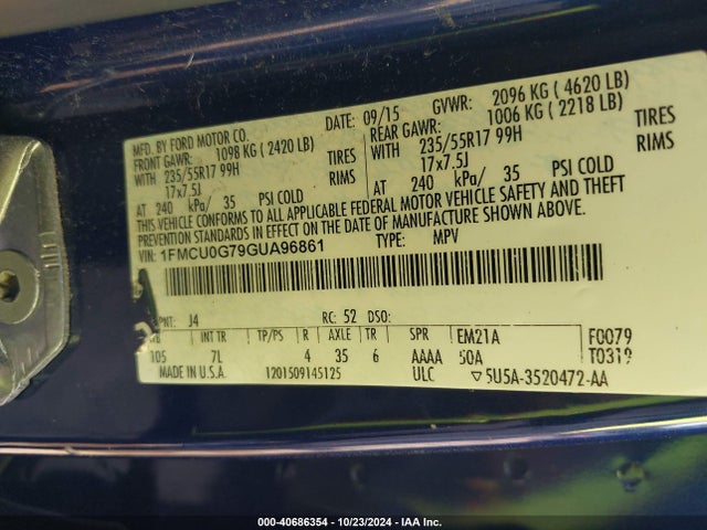 Ford ESCAPE SE 2016 1FMCU0G79GUA96861 Image 9