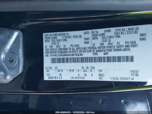 1FMCU9G95HUB72230 Ford ESCAPE SE