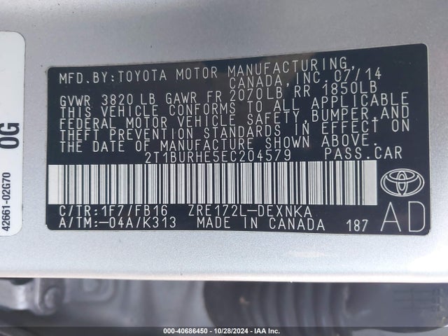 Toyota COROLLA LE 2014 2T1BURHE5EC204579 Image 9