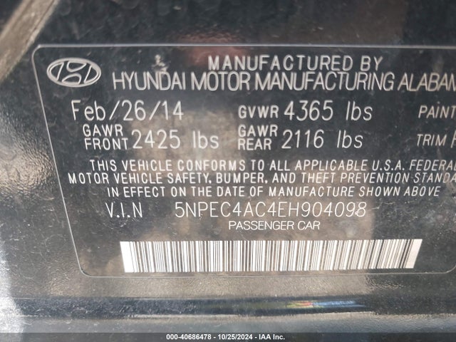 Hyundai SONATA SE 2014 5NPEC4AC4EH904098 Image 9
