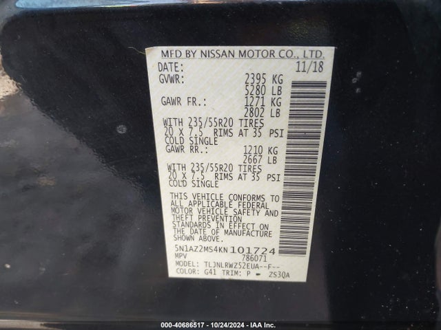 Nissan MURANO SL 2019 5N1AZ2MS4KN101724 Image 9