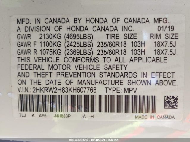 2HKRW2H83KH607768 Honda Cr-v Ex-l