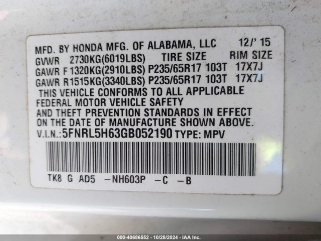 Honda Odyssey Ex-l 2016 5FNRL5H63GB052190 Image 9