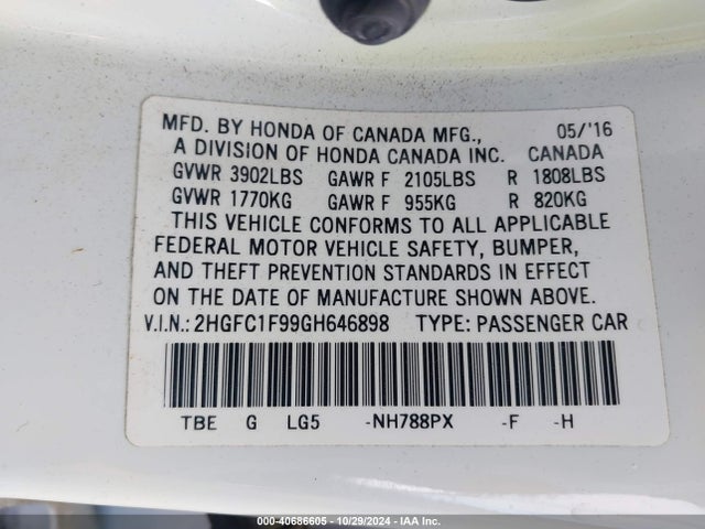 Honda Civic Touring 2016 2HGFC1F99GH646898 Image 9