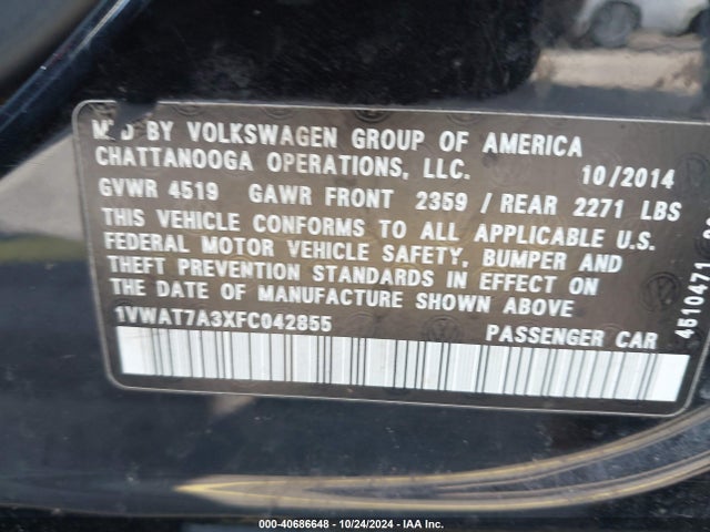 1VWAT7A3XFC042855 Volkswagen Passat 1.8t Wolfsburg Edition