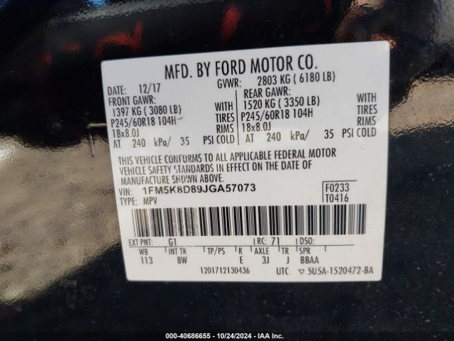 1FM5K8D89JGA57073 Ford EXPLORER XLT