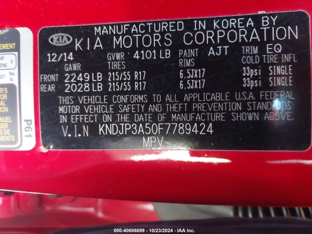 KIA SOUL + 2015 KNDJP3A50F7789424 Image 9