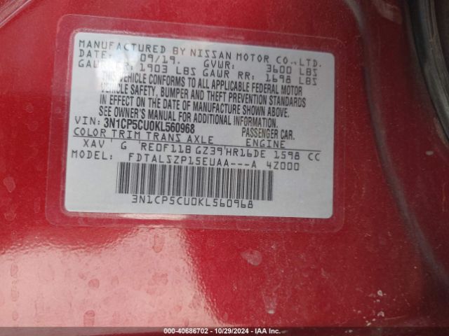 3N1CP5CU0KL560968 Nissan KICKS SV