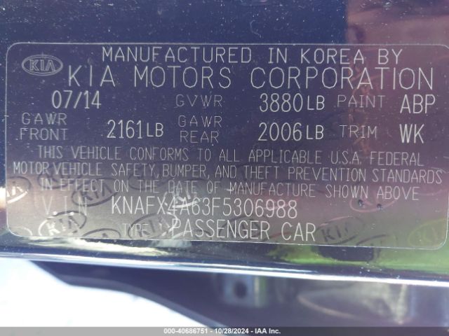 KNAFX4A63F5306988 KIA FORTE LX