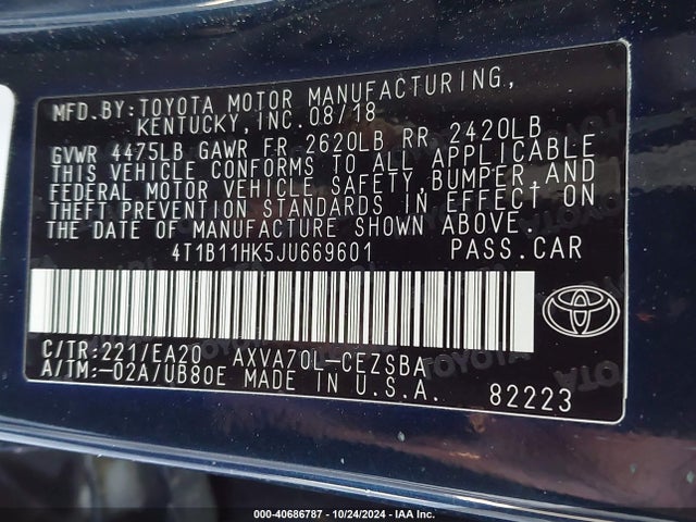 Toyota CAMRY SE 2018 4T1B11HK5JU669601 Image 9
