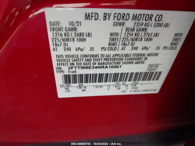 3FTTW8E34NRA16061 Ford Maverick Lariat