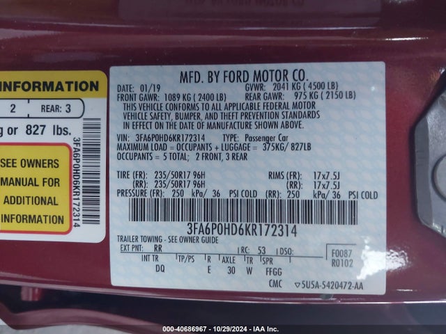 Ford FUSION SE 2019 3FA6P0HD6KR172314 Image 9