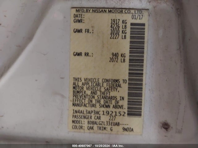 Nissan Altima 2.5 S 2017 1N4AL3AP3HC192152 Image 9