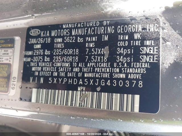 KIA Sorento 3.3l Ex 2018 5XYPHDA5XJG430378 Image 9