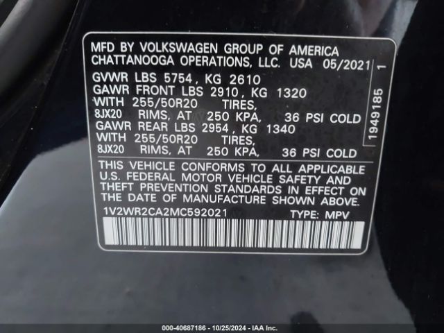 1V2WR2CA2MC592021 Volkswagen Atlas 3.6l V6 Se W/technology