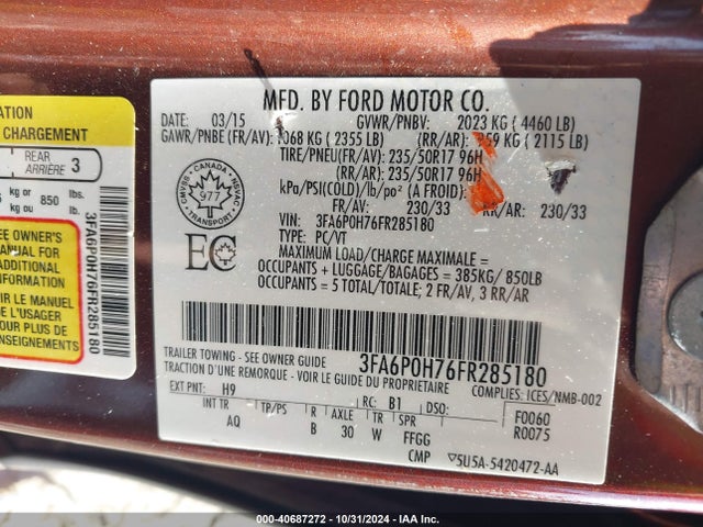 Ford FUSION SE 2015 3FA6P0H76FR285180 Image 9