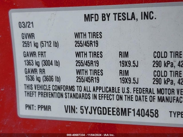 2021 TESLA MODEL Y 5YJYGDEE8MF140458 Photo 8