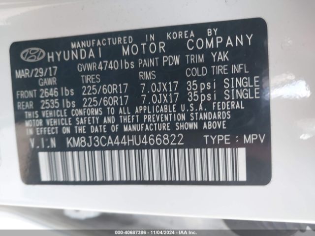 KM8J3CA44HU466822 Hyundai Tucson Se Plus