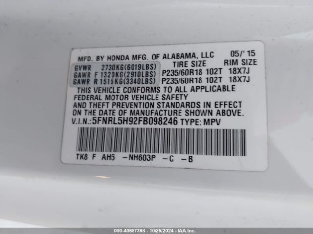 5FNRL5H92FB098246 Honda Odyssey Touring/touring Elite