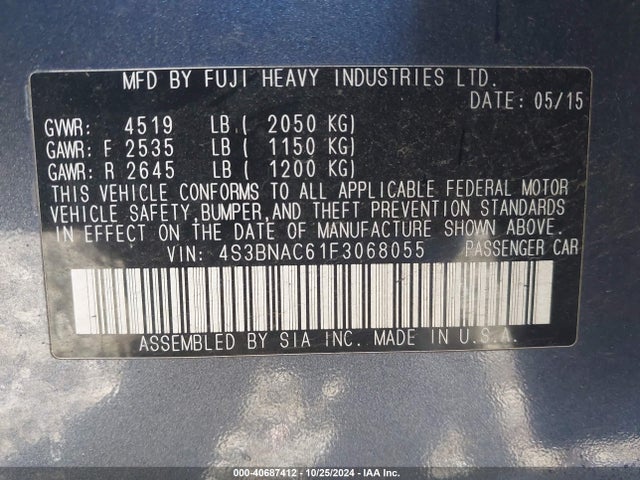 Subaru Legacy 2.5i Premium 2015 4S3BNAC61F3068055 Image 9