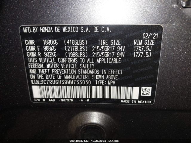 3CZRU6H39MM733030 Honda Hr-v Awd Lx