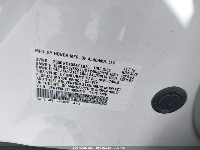 Honda Pilot Awd Ex 2020 5FNYF6H37LB035319 Image 9