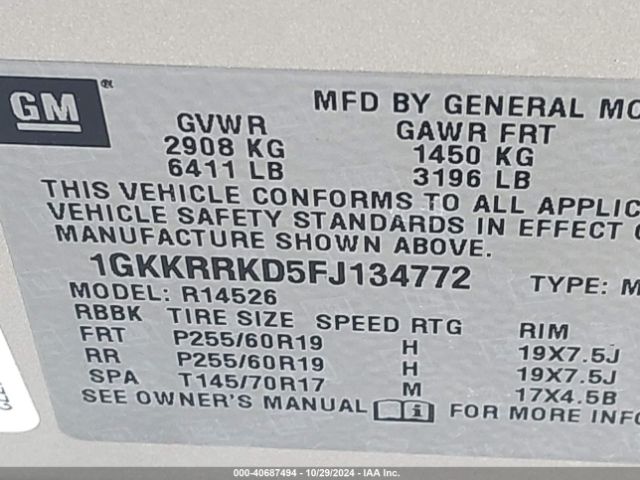 1GKKRRKD5FJ134772 GMC Acadia Slt-1
