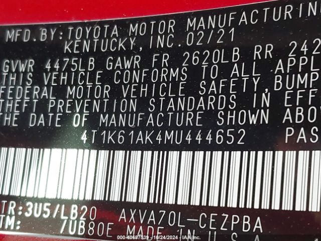 4T1K61AK4MU444652 Toyota CAMRY XSE