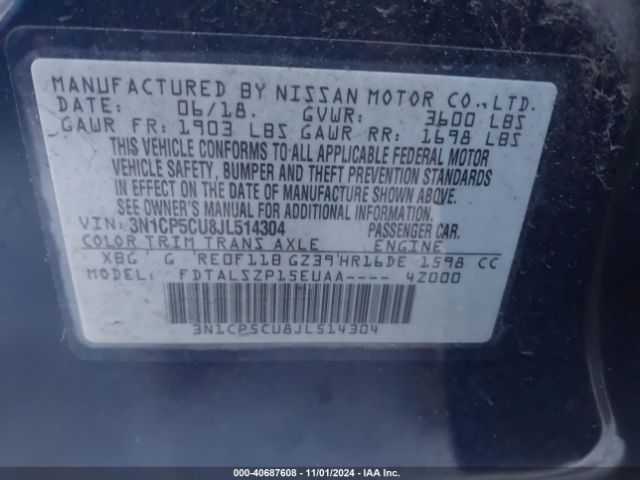 3N1CP5CU8JL514304 Nissan KICKS SV
