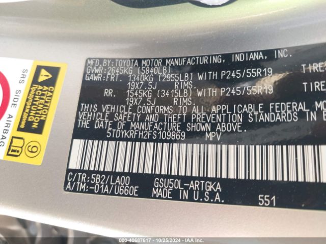 5TDYKRFH2FS109869 Toyota Highlander Limited V6