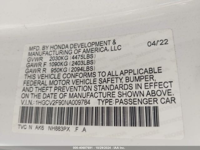 1HGCV2F90NA009784 Honda Accord Touring