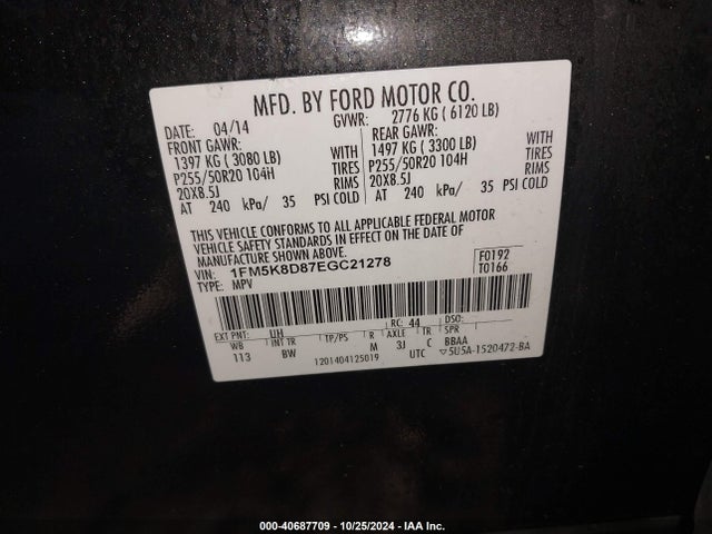 Ford EXPLORER XLT 2014 1FM5K8D87EGC21278 Image 9