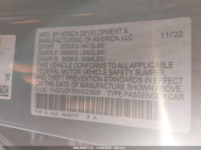 1HGCV2F35NA023689 Honda Accord Sport 2.0t