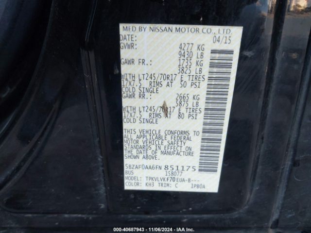 5BZAF0AA6FN851175 Nissan Nv Passenger Nv3500 Hd Sl V8