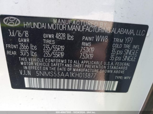 5NMS53AA1KH013877 Hyundai Santa Fe Ultimate 2.0t