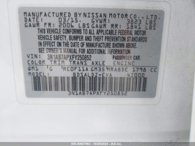 3N1AB7APXFY250852 Nissan Sentra Fe+ S/s/sl/sr/sv