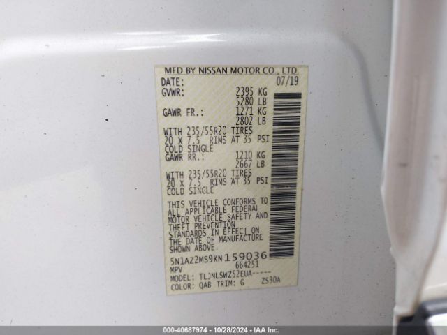 5N1AZ2MS9KN159036 Nissan Murano Platinum