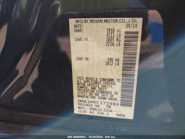 Auction sale of the 2015 Nissan Altima 2.5/2.5 S/2.5 Sl/2.5 Sv, vin: 1N4AL3AP0FC175984, lot number: 40688083