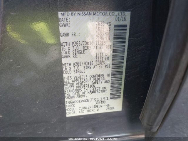 1N6AD0EV4GN731151 Nissan Frontier Pro-4x/s/sl/sv