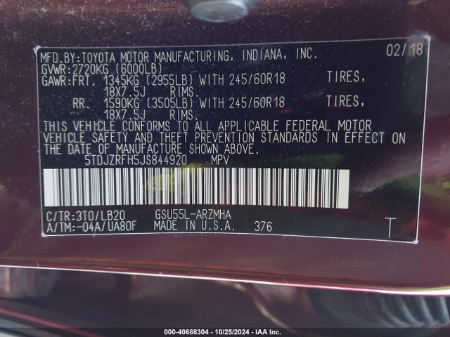 Toyota Highlander Xle 2018 5TDJZRFH5JS844920 Image 9