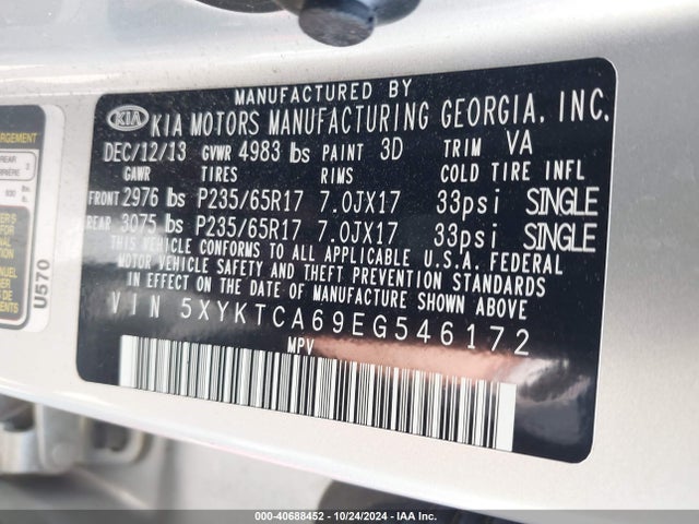 KIA SORENTO LX 2014 5XYKTCA69EG546172 Image 9