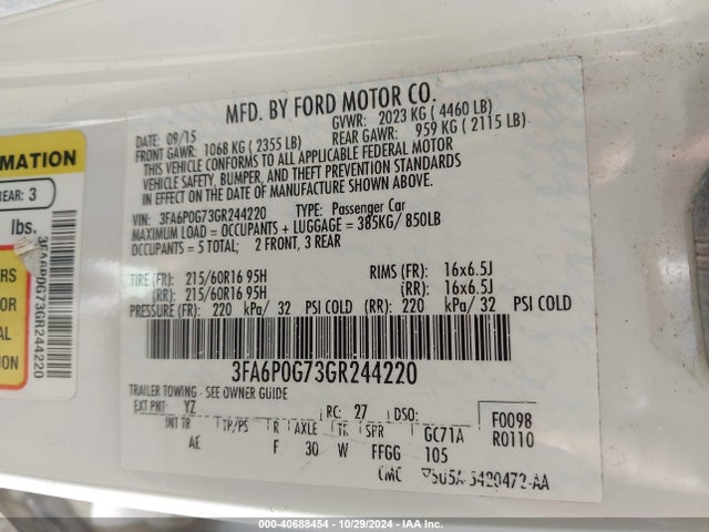 Ford FUSION S 2016 3FA6P0G73GR244220 Image 9