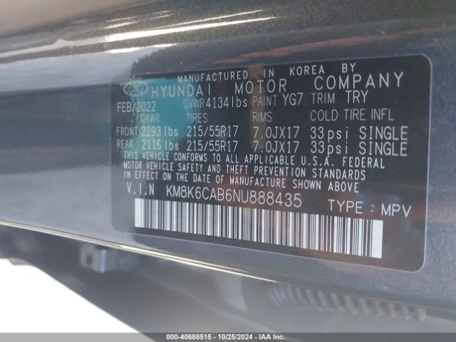 KM8K6CAB6NU888435 Hyundai Kona Sel
