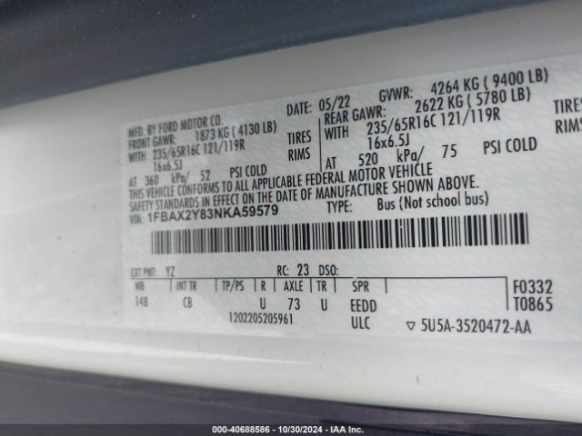 1FBAX2Y83NKA59579 Ford Transit-350 Passenger Van Xl